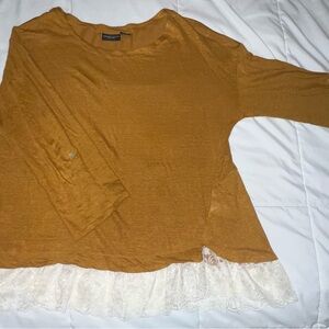 Adrienne Vittadini Linen Lace Hem Top XL Mustard Boho Tunic